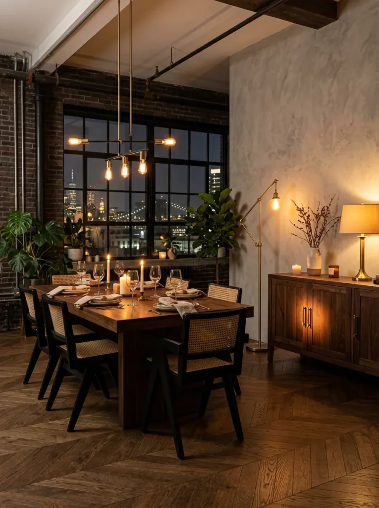 Closed-door walnut sideboard matching the dining table's tone in a New York industrial loft.