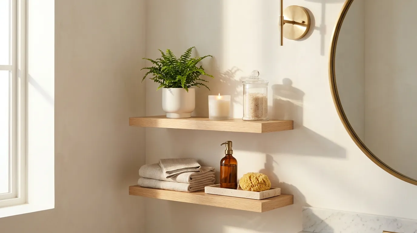 Two floating oak shelves in a bright bathroom styled with folded towels, a fern, candle, and amber glass dispensers on a travertine tray