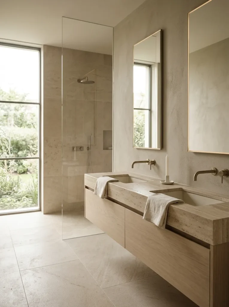 Spa bathroom in layered tones of warm white, sand, and greige across tile, linen, and plaster