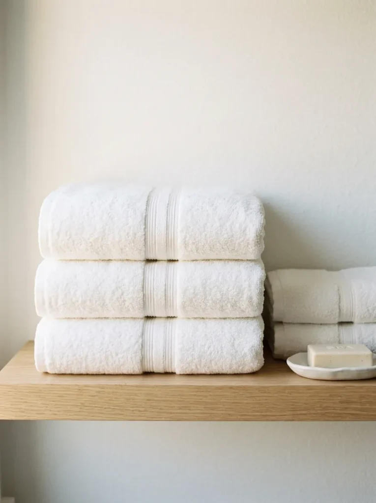 Open bathroom shelf with spa-style hotel-folded white bath towels stacked in a precise column with folded edges forward, beside a small ceramic soap dish
