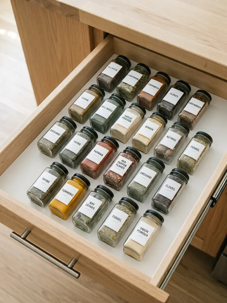 Open kitchen drawer with flat-laid labeled square glass spice jars arranged in rows on a white liner