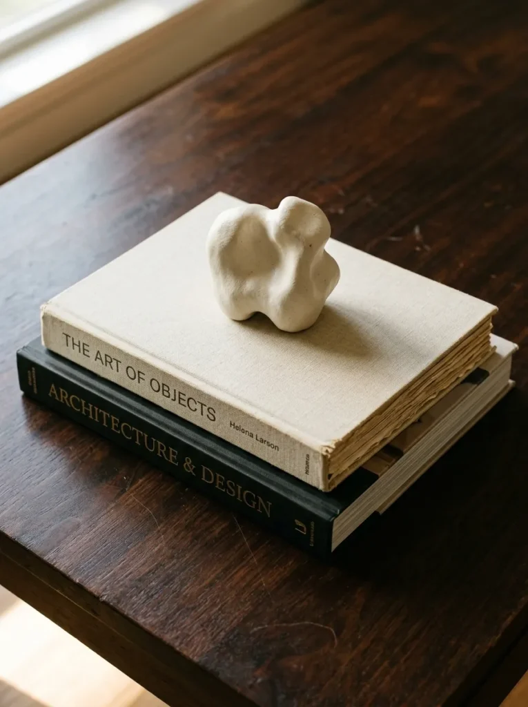 Two large hardcover books stacked on a dark coffee table with a small ivory abstract ceramic sculpture resting on top
