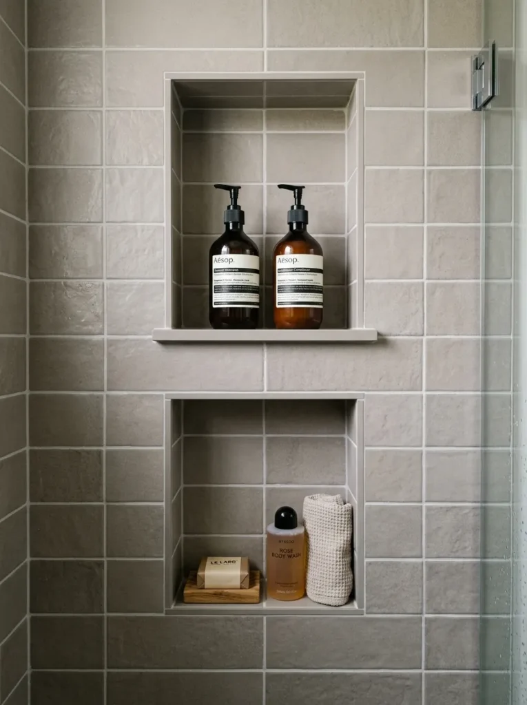 Two shower niches stacked vertically in the same wall position, upper holding tall bottles and lower holding shorter products