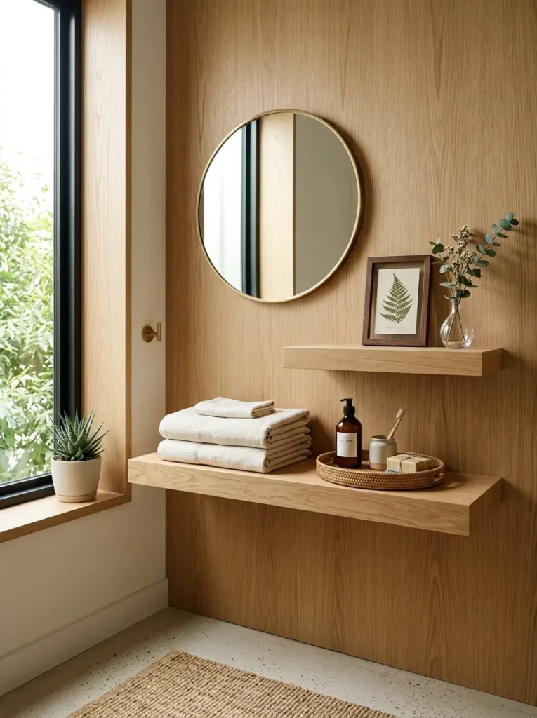 Two staggered floating shelves at different heights on a white oak bathroom wall with a round mirror between them
