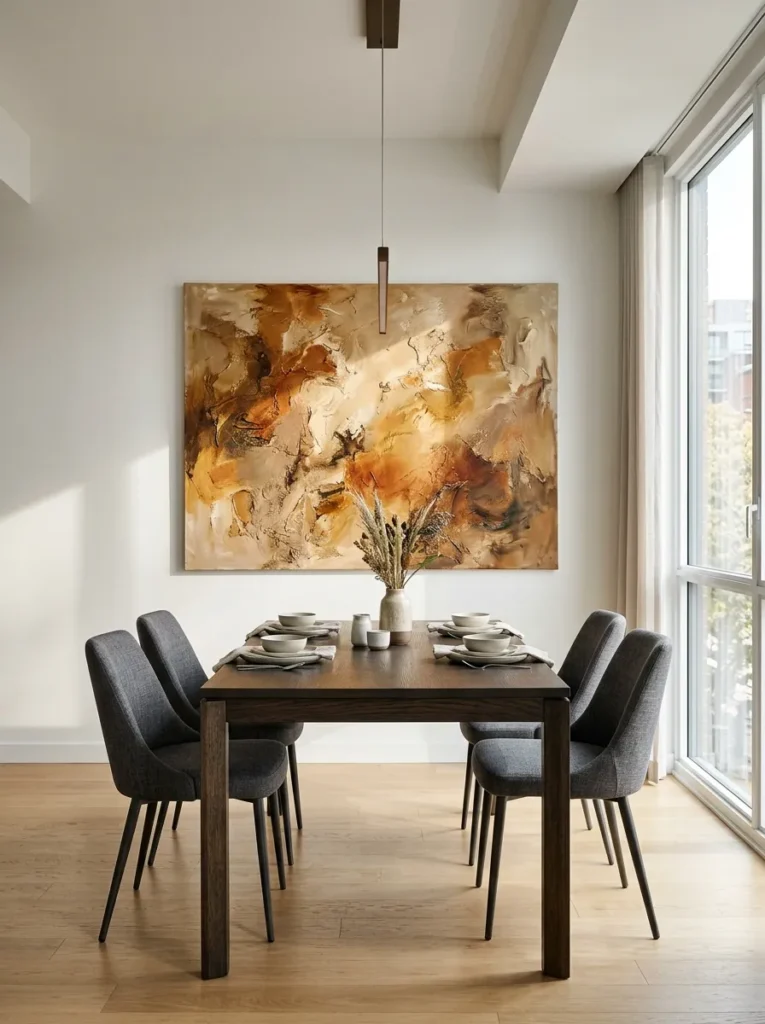 Large-scale framed artwork above an apartment dining table serving as the room's focal point
