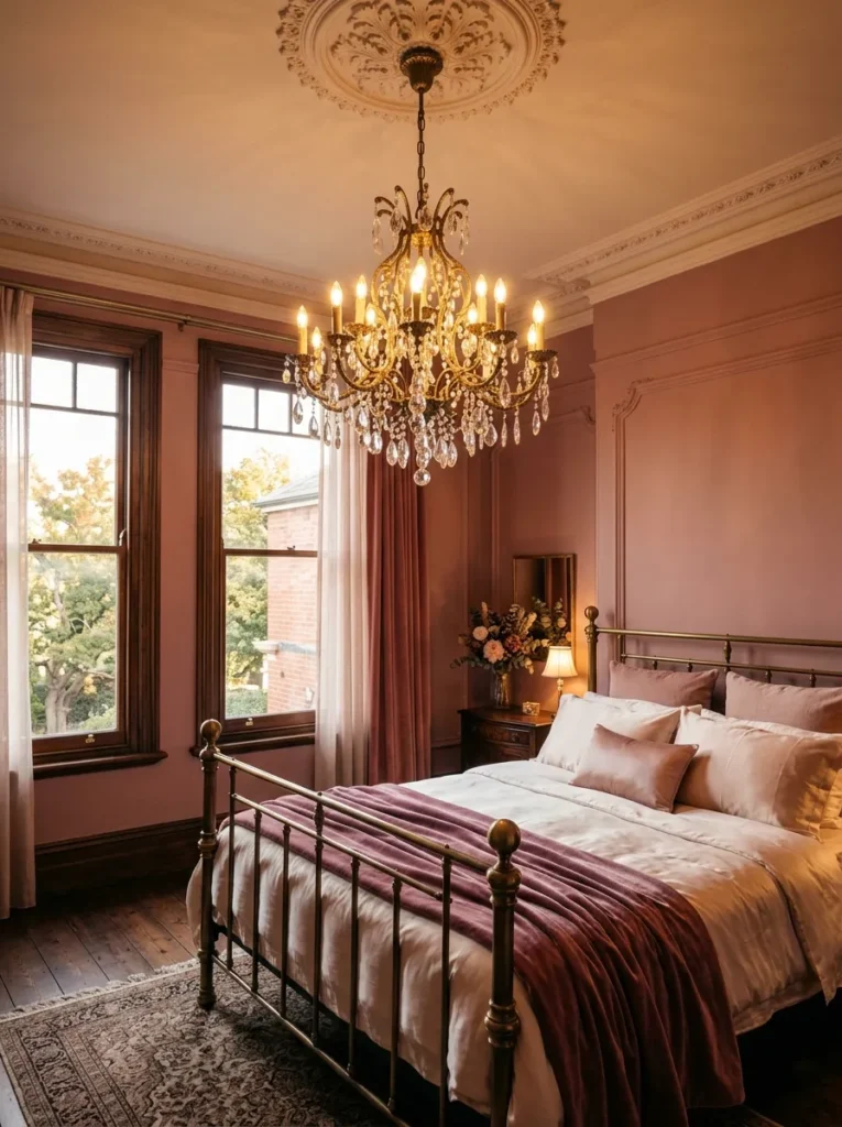 Antique brass and crystal chandelier above the center of a feminine bedroom bed