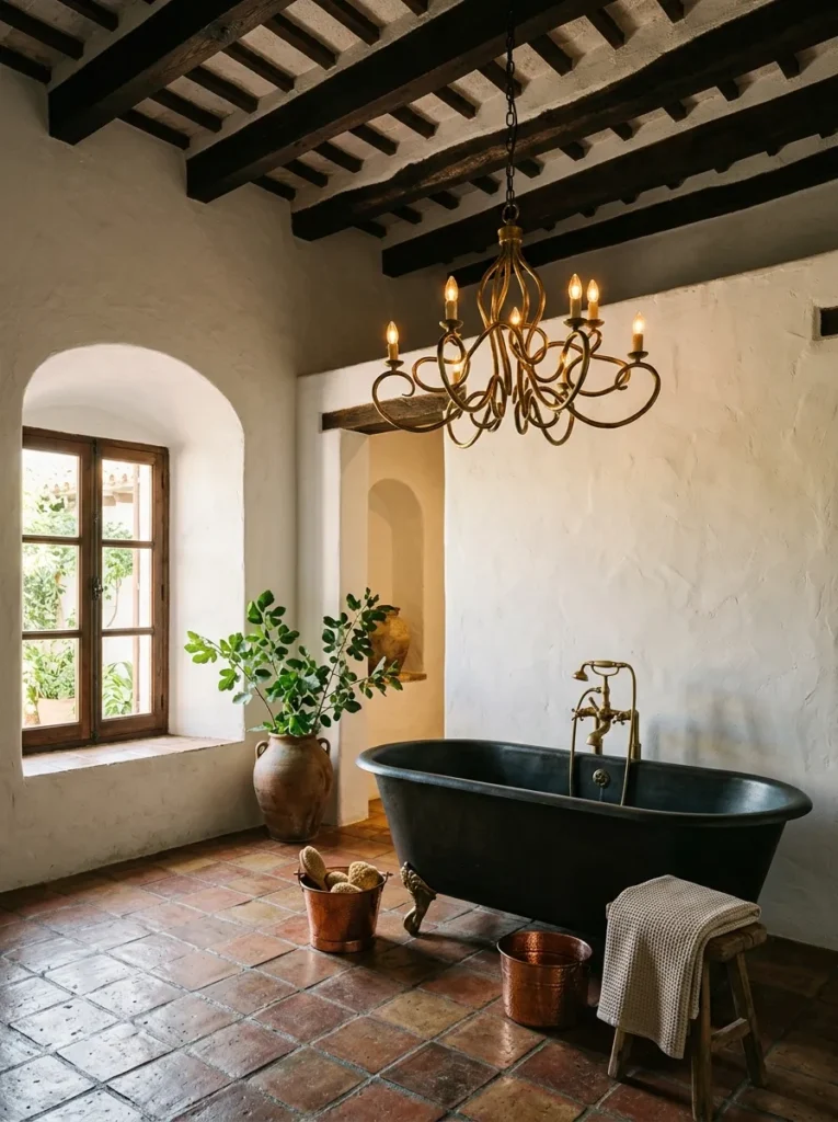 Sculptural brass chandelier above a freestanding soaking tub in a high-ceilinged primary bathroom