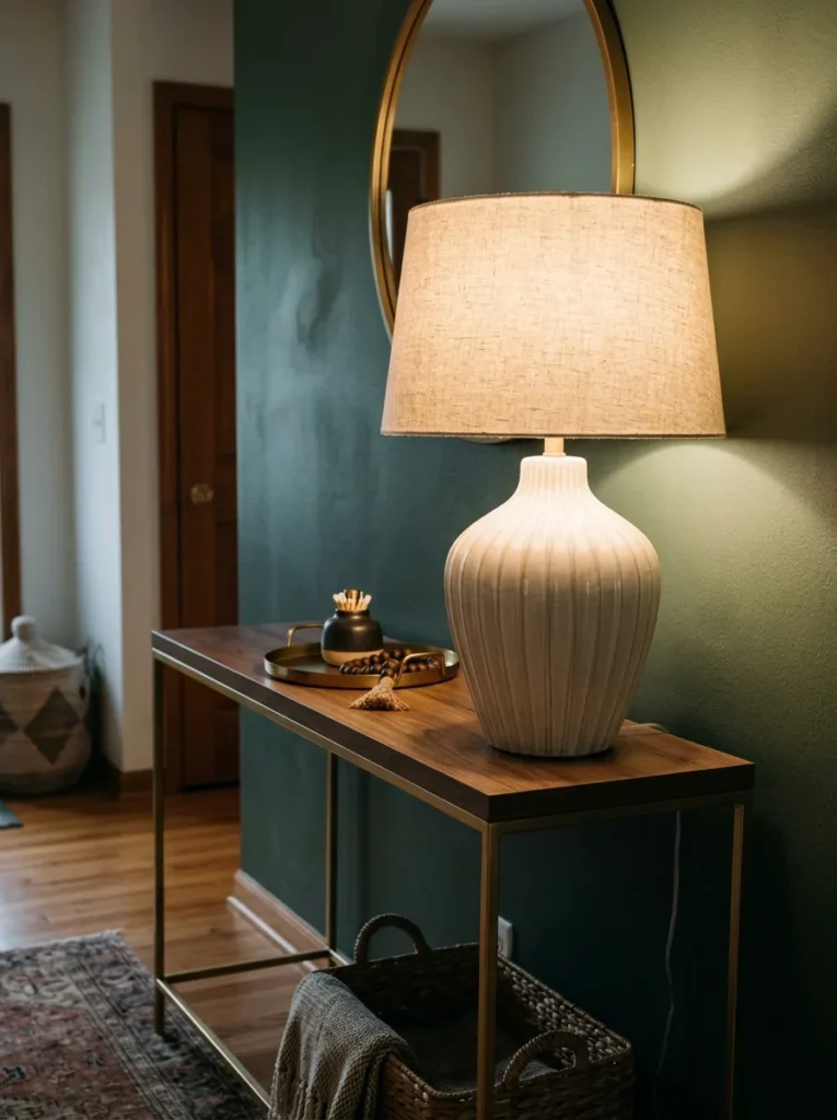 Large sculptural ceramic table lamp as the dominant object on a brass console table against a sage green wall
