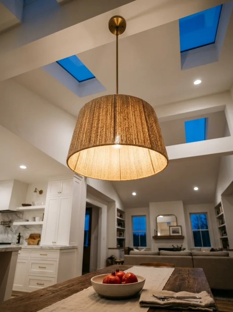 Large aged brass drum pendant light hanging at correct drop height above a dining table in an open plan interior