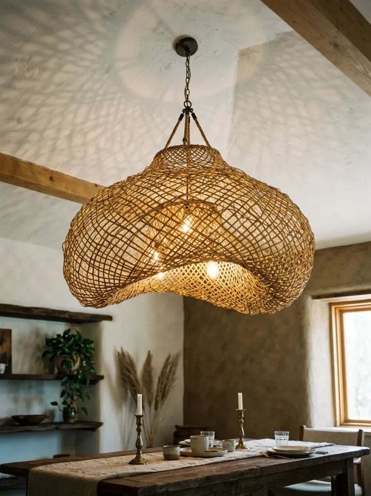 Large woven bamboo chandelier casting dappled light patterns on a white plaster ceiling above a boho dining table
