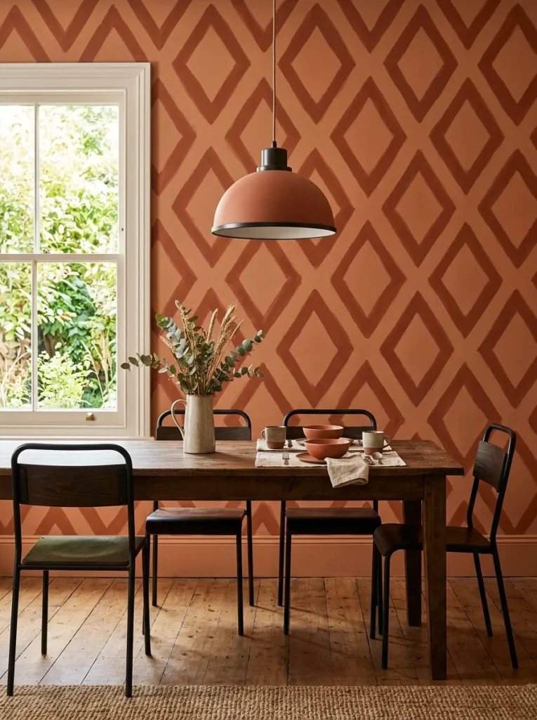 Dining room wall with a tonal diamond geometric stencil pattern in rust over terracotta, with dark wood table and iron chairs
