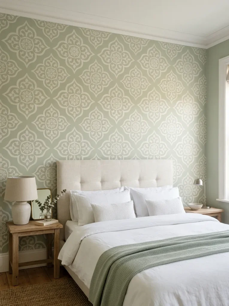 Sage green bedroom accent wall with a large-repeat stenciled white geometric medallion pattern above a linen upholstered headboard
