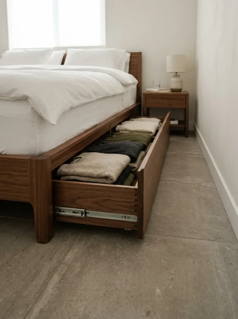 Low-angle view of a walnut platform storage bed with a side drawer pulled open to reveal neatly folded clothing, on a concrete-effect tile floor
