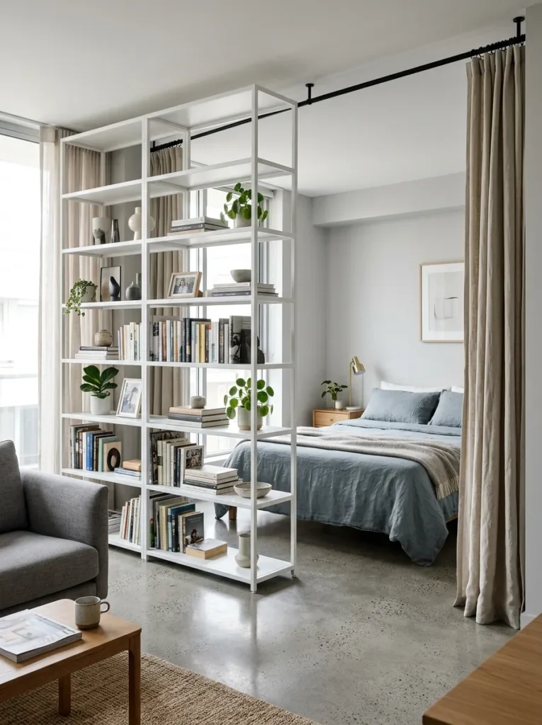 Studio apartment with a tall white open bookcase used as a room divider, the sleep zone with grey-blue bedding visible through the shelving from the living side
