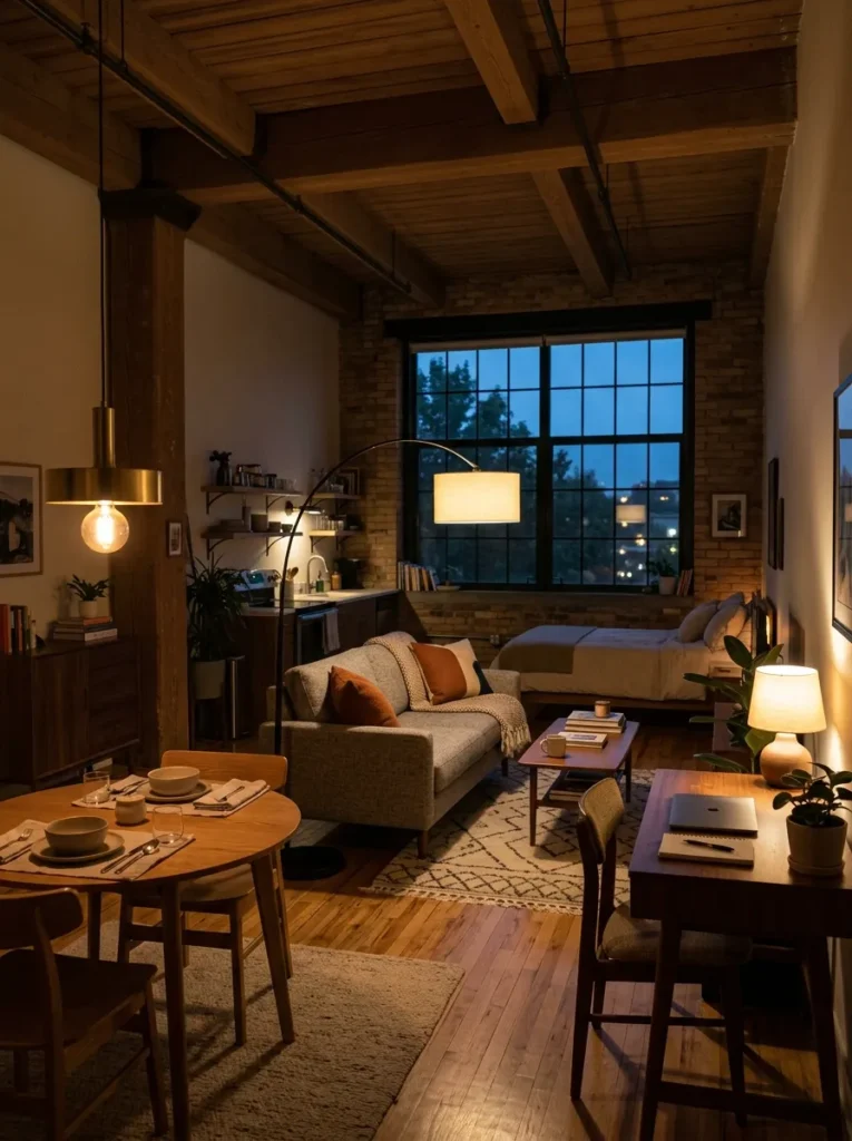 Open-plan studio apartment at dusk with three distinct zones defined by a pendant lamp, floor lamp, and desk lamp rather than physical dividers
