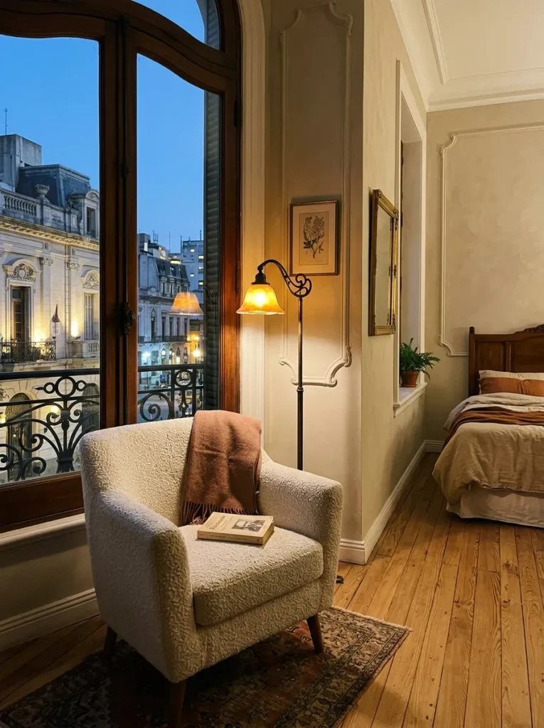 Bouclé armchair placed beside a tall window in a Buenos Aires Art Nouveau apartment bedroom.