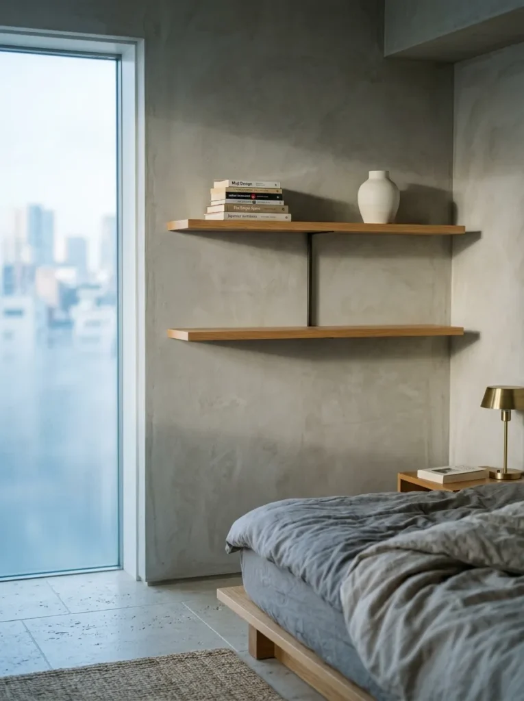 Floating oak shelves holding books and a single ceramic object in a Tokyo minimalist bedroom.