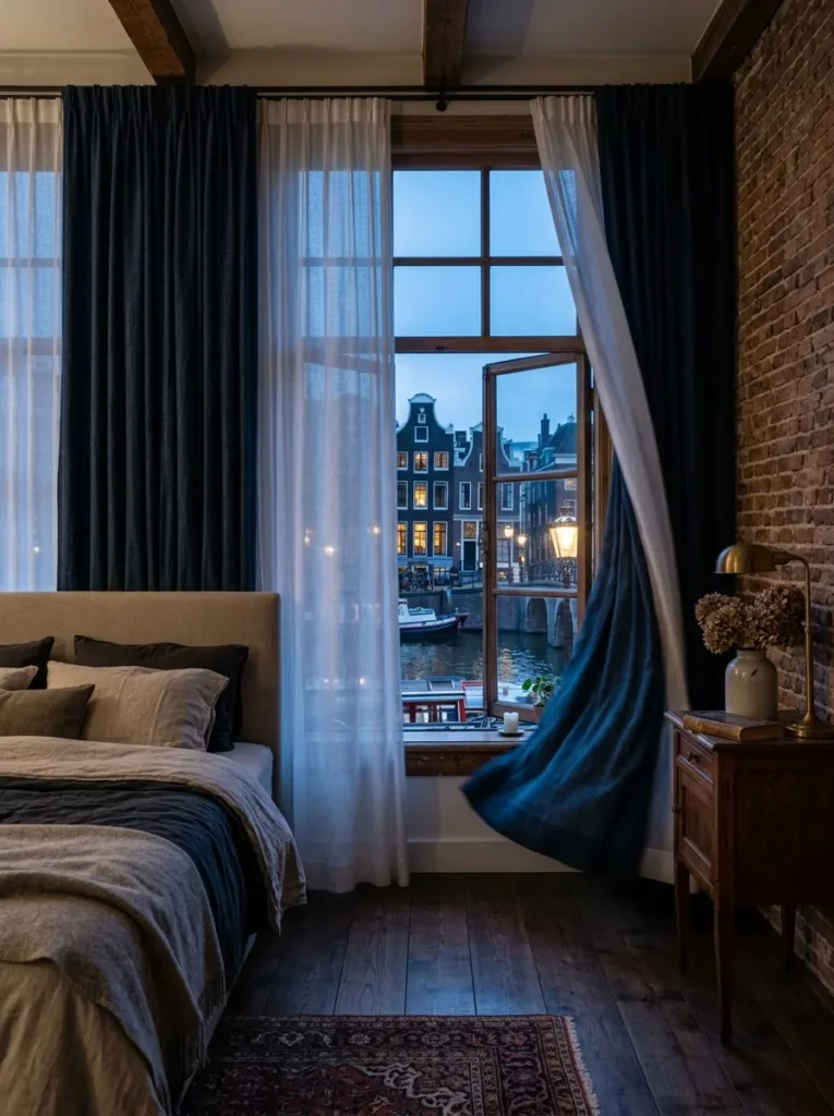 Sheer linen curtains layered in front of blackout drapery in an Amsterdam canal house bedroom.