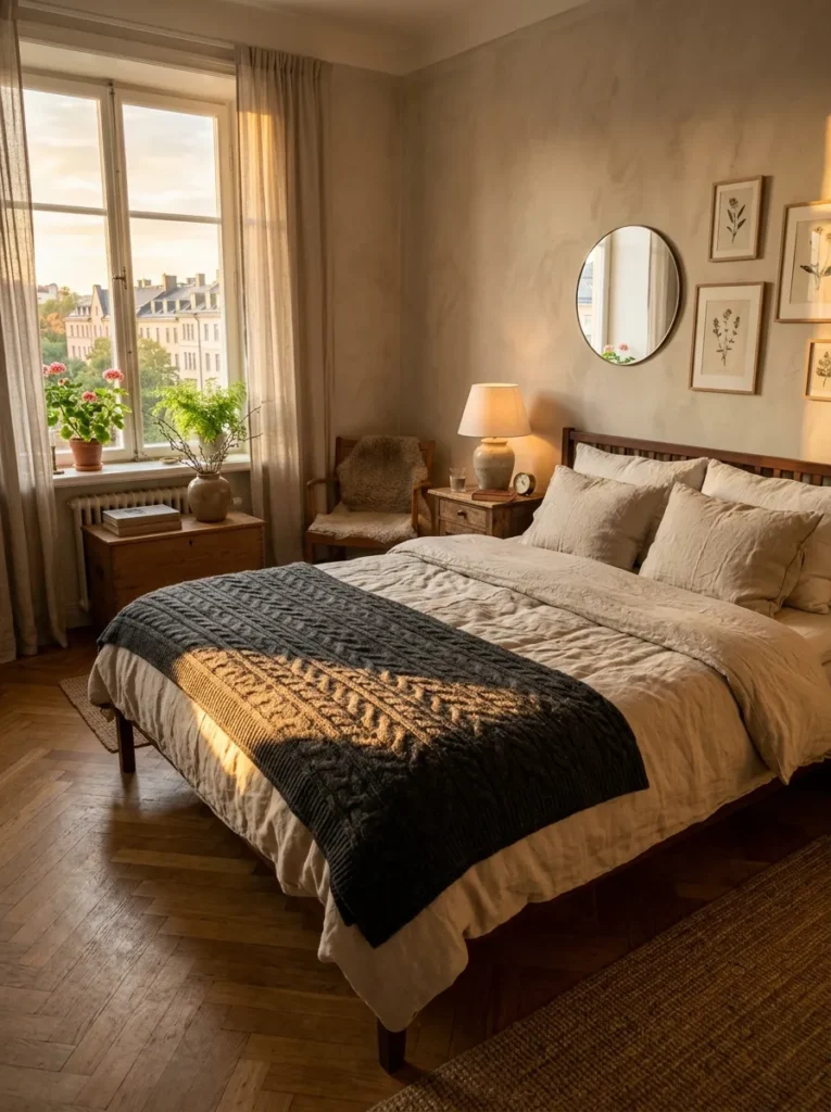 Linen duvet layered beneath a cable-knit wool throw on a bed in a Nordic classic Stockholm bedroom.