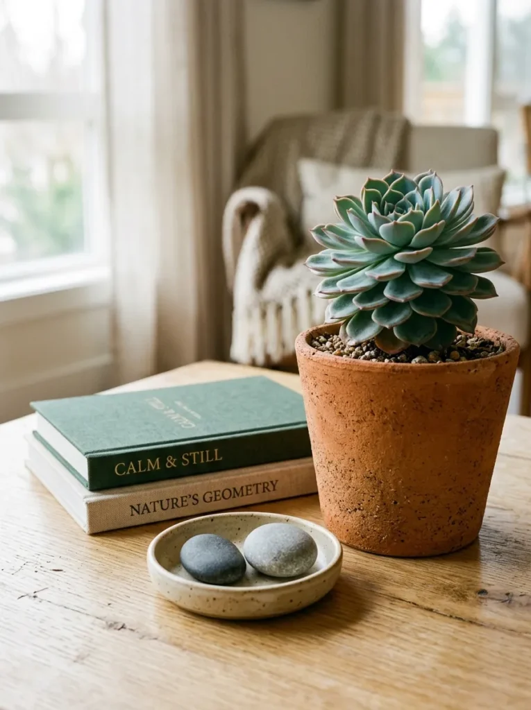 Small succulent in a raw terracotta pot on a coffee table beside a book stack and a low ceramic dish with river stones
