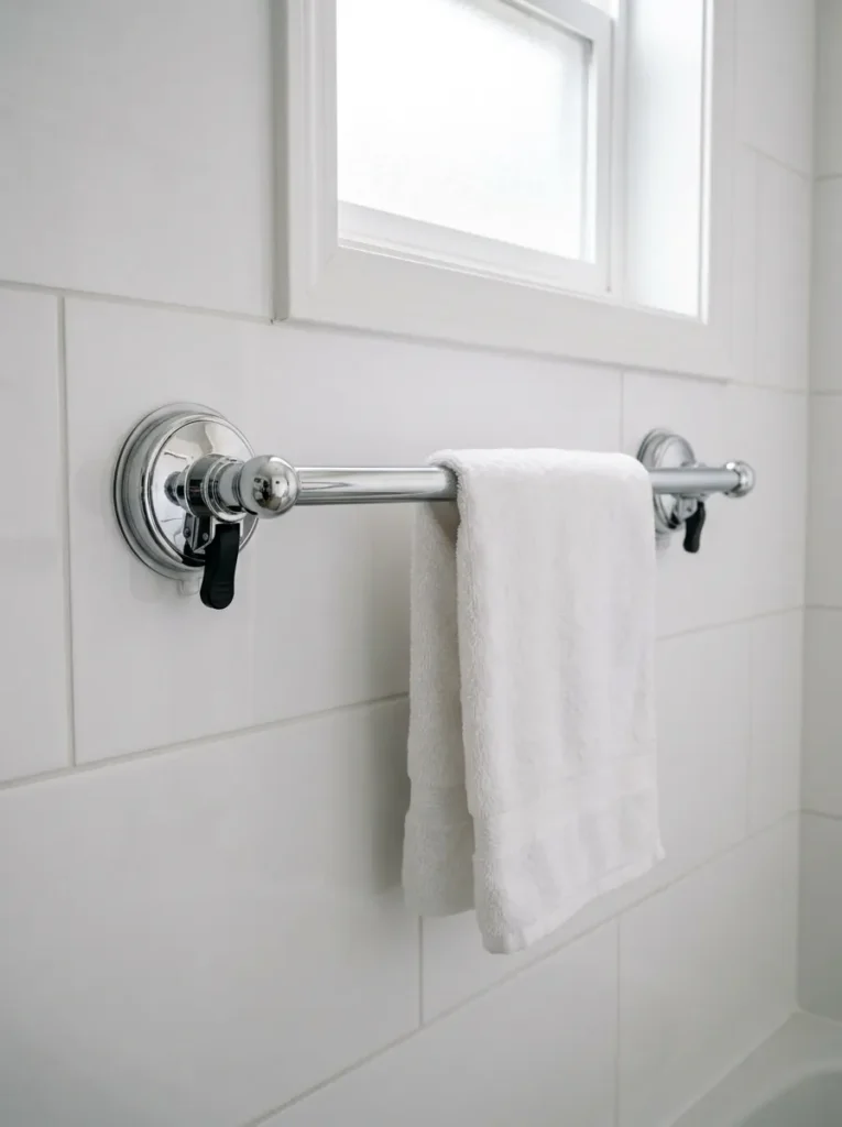 Chrome suction-cup towel bar with locking lever mechanisms attached to large-format white tile in a rental bathroom, holding a folded hand towel with no drill holes visible
