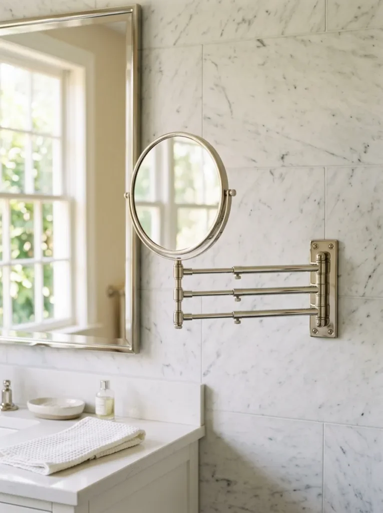 Polished nickel telescoping swing-arm pivot mirror extended from a white marble-look bathroom wall beside a fixed vanity mirror
