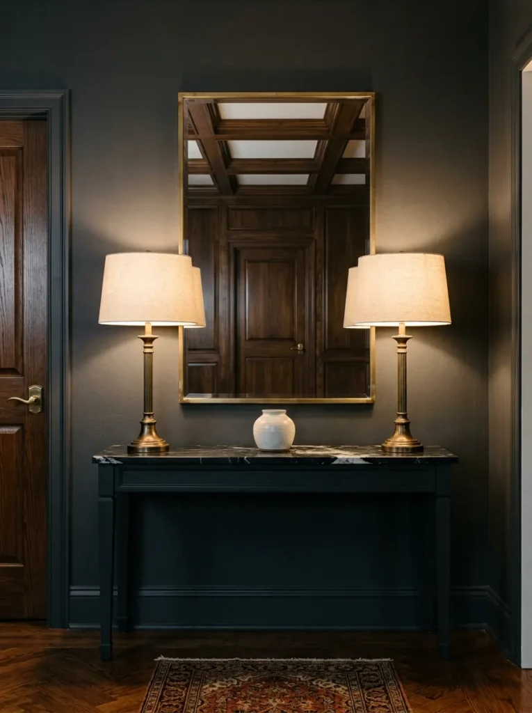 Symmetrical entry console with matching brass lamps on each end, a centered ceramic, and a large mirror above on a charcoal wall
