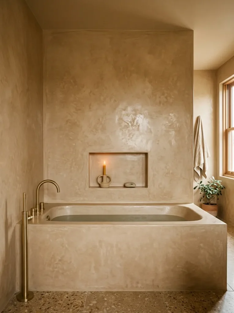 Built-in bath with smooth tadelakt plaster surround in warm sandy clay, small niche holding a candle, brushed brass floor-mounted taps