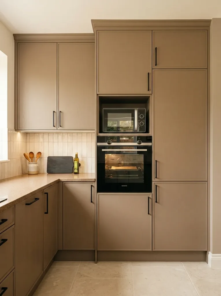Tall cabinet column at the end of an L-shaped kitchen with a built-in wall oven, microwave, and pantry storage