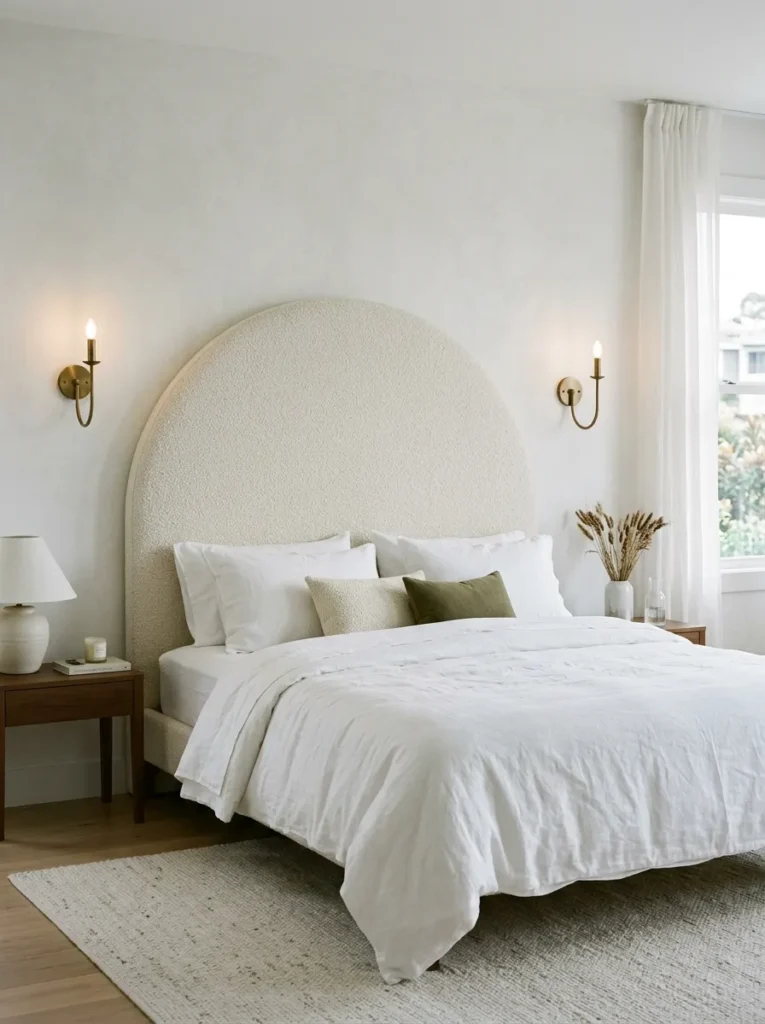 Tall arched ivory boucle headboard centered on a white limewash bedroom wall, flanked by brass sconces with layered white linen bedding below
