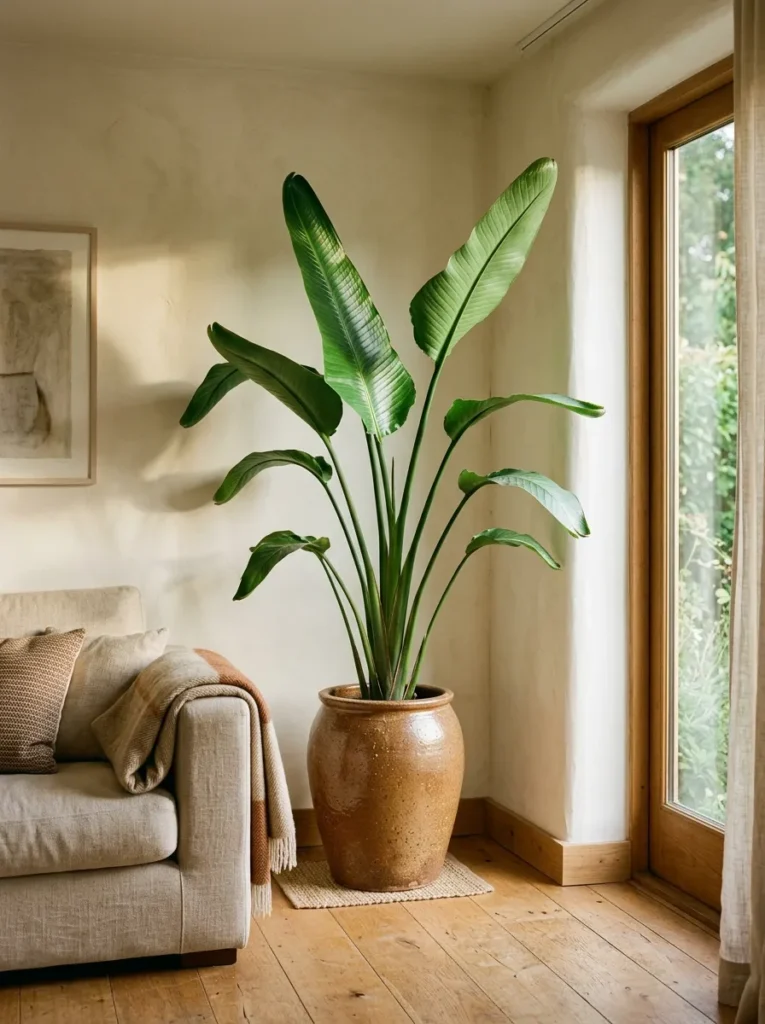 Tall bird of paradise plant in a large speckled ceramic pot positioned in a corner of a boho living room