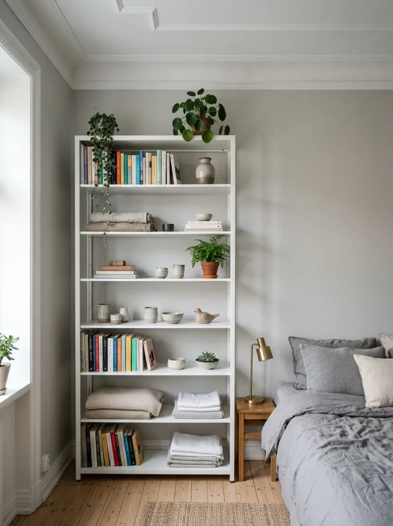 Seven-foot white steel bookcase reaching close to the ceiling in an apartment bedroom corner, shelves holding books, textiles, and small plants

