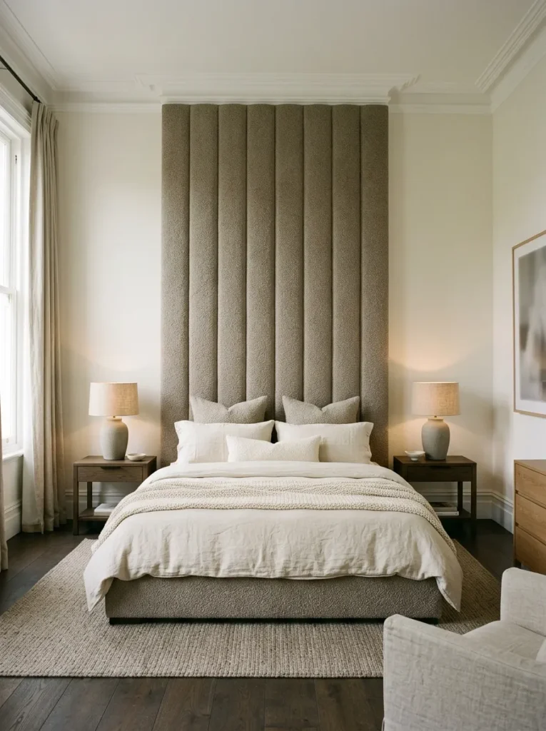 Very tall greige bouclé upholstered headboard reaching near the ceiling cornice, above layered cream bedding with ceramic bedside lamps on walnut nightstands