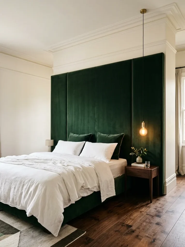 Deep forest green velvet upholstered headboard rising close to the ceiling in a modest apartment bedroom, with white bedding and dark walnut floorboards
