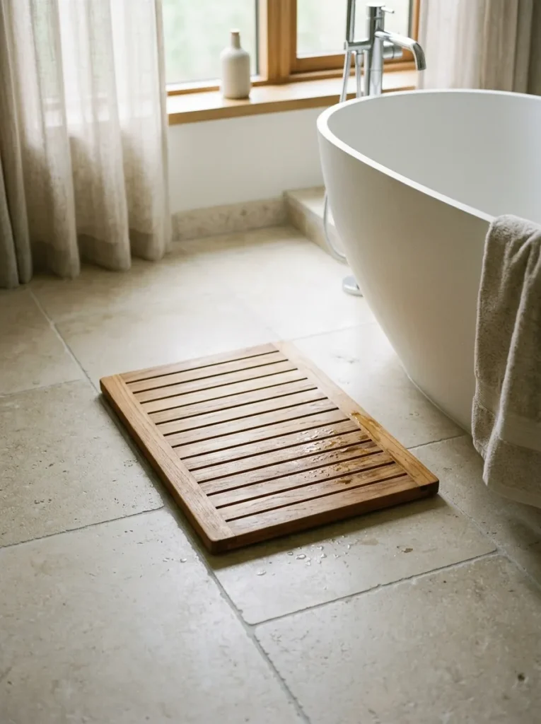 Teak bath mat positioned beside a freestanding bath on pale limestone floor in morning light, warm wood against pale stone