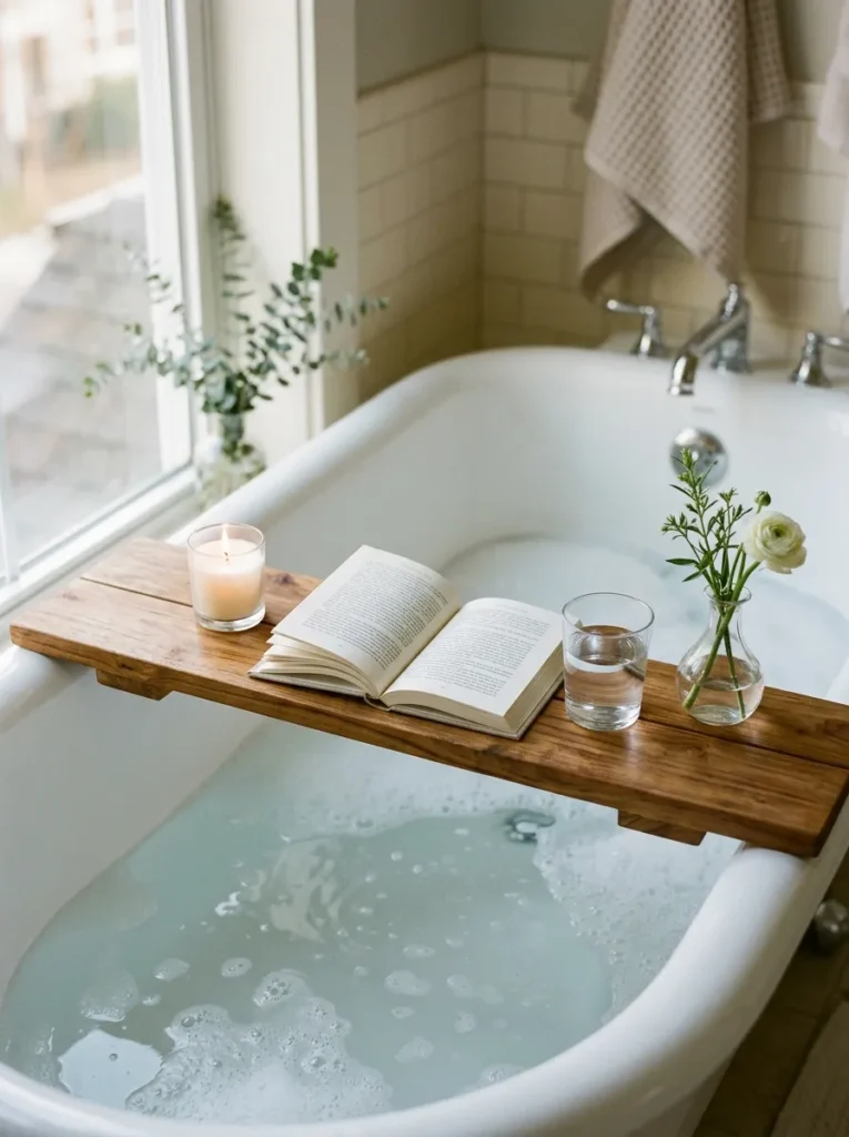 Teak bath tray resting across a white bathtub holding a lit candle, open book, glass of water, and small bud vase in afternoon light
