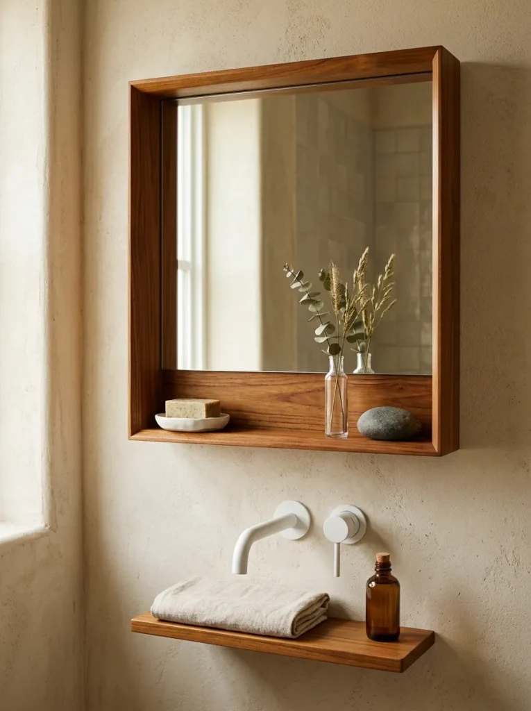Rectangular mirror with integrated teak wood frame shelf holding a soap dish and bud vase on a textured oatmeal wall
