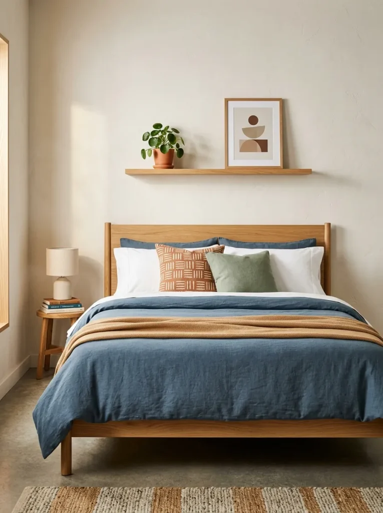 Teen bedroom bed on an oak platform frame with a dusty blue textured duvet, camel throw, white sleeping pillows, and terracotta and sage accent cushions — styled without themed elements
