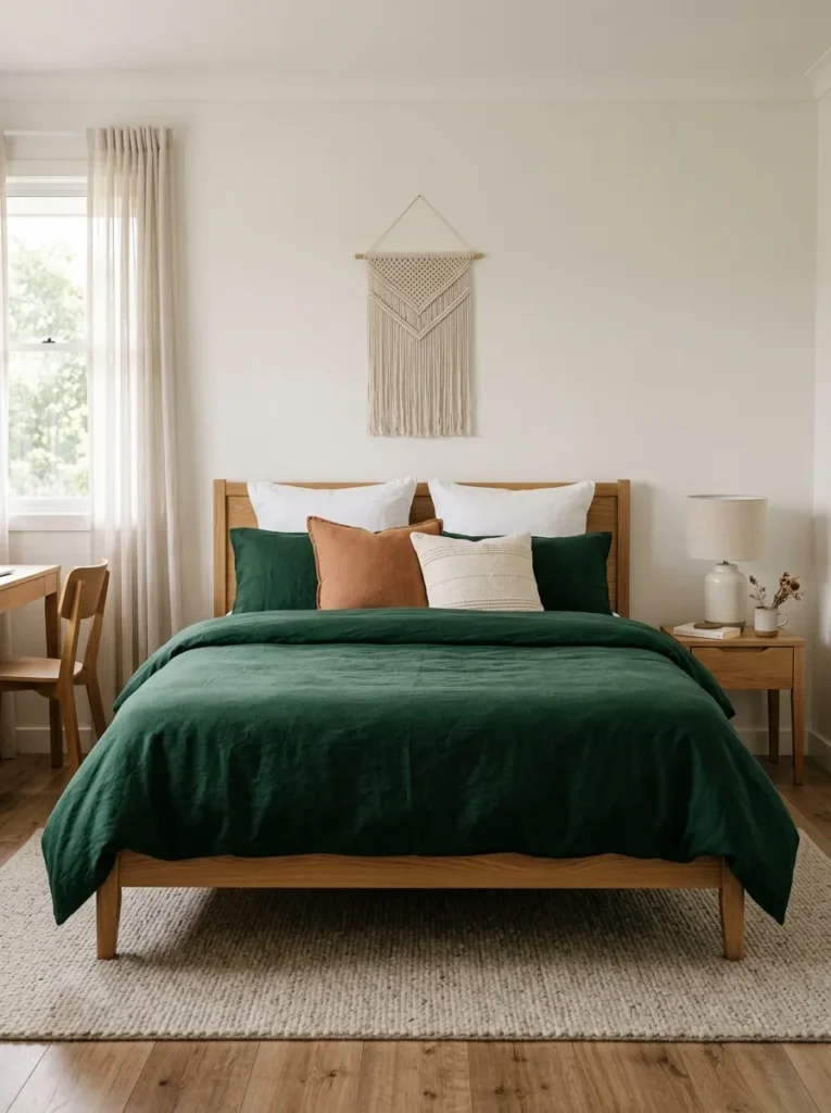Teen bedroom with warm white walls and a natural oak bed where the only bold color is a deep forest green duvet cover, showing how one reversible element provides the room's entire personality

