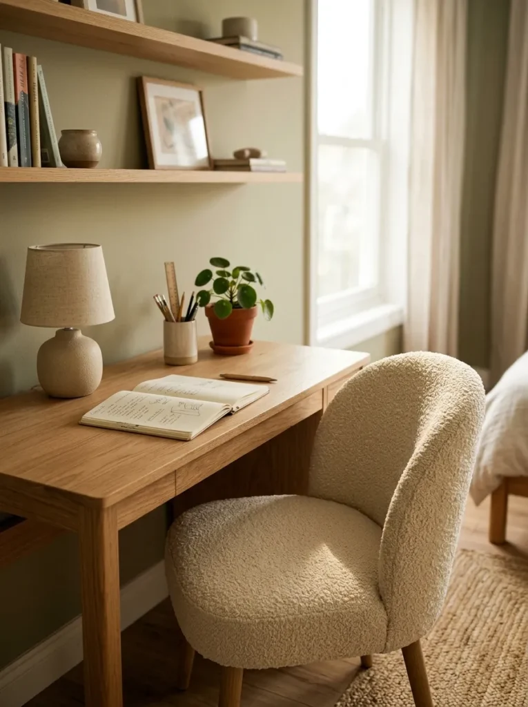 A warm cream boucle desk chair at a natural wood teen bedroom desk, styled as a deliberate design choice rather than functional office equipment
