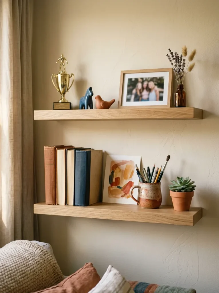 Two floating display shelves in a teen bedroom with a sports trophy, ceramic figurines, framed photo, books, and small plants organized with deliberate negative space between items
