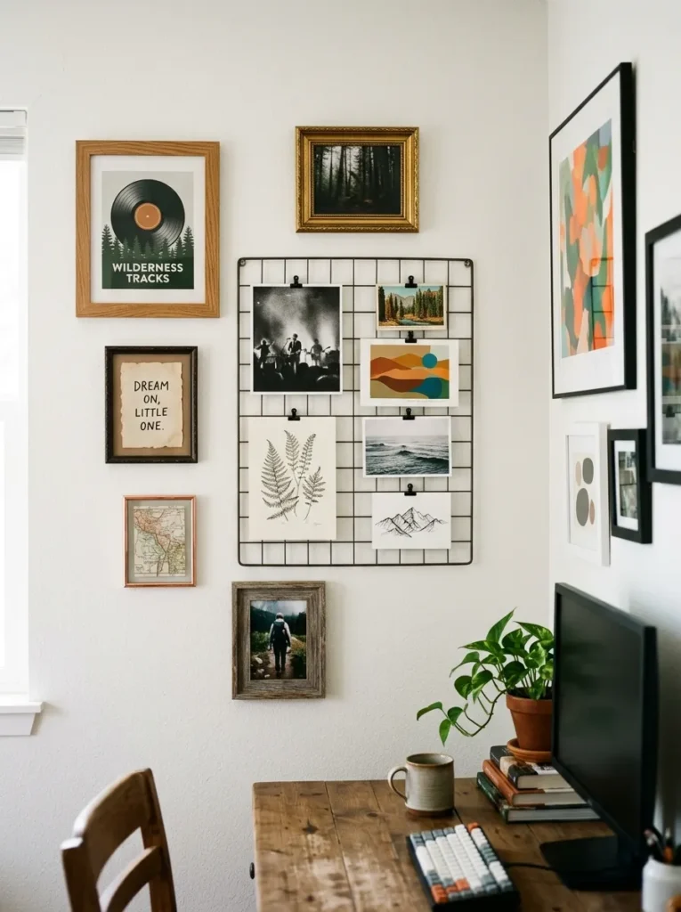 Teen bedroom gallery wall above the desk with a curated collection of art prints, photos, postcards, and framed quotes on a wire grid panel and simple black clips
