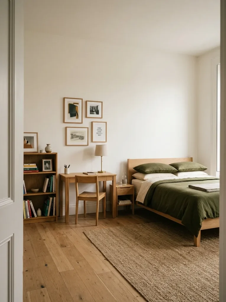 Teen bedroom with warm white walls and largely open wall space, an oak bed, olive green bedding, and a bookcase with deliberately open shelves — designed to grow with the teen from 17 to 22
