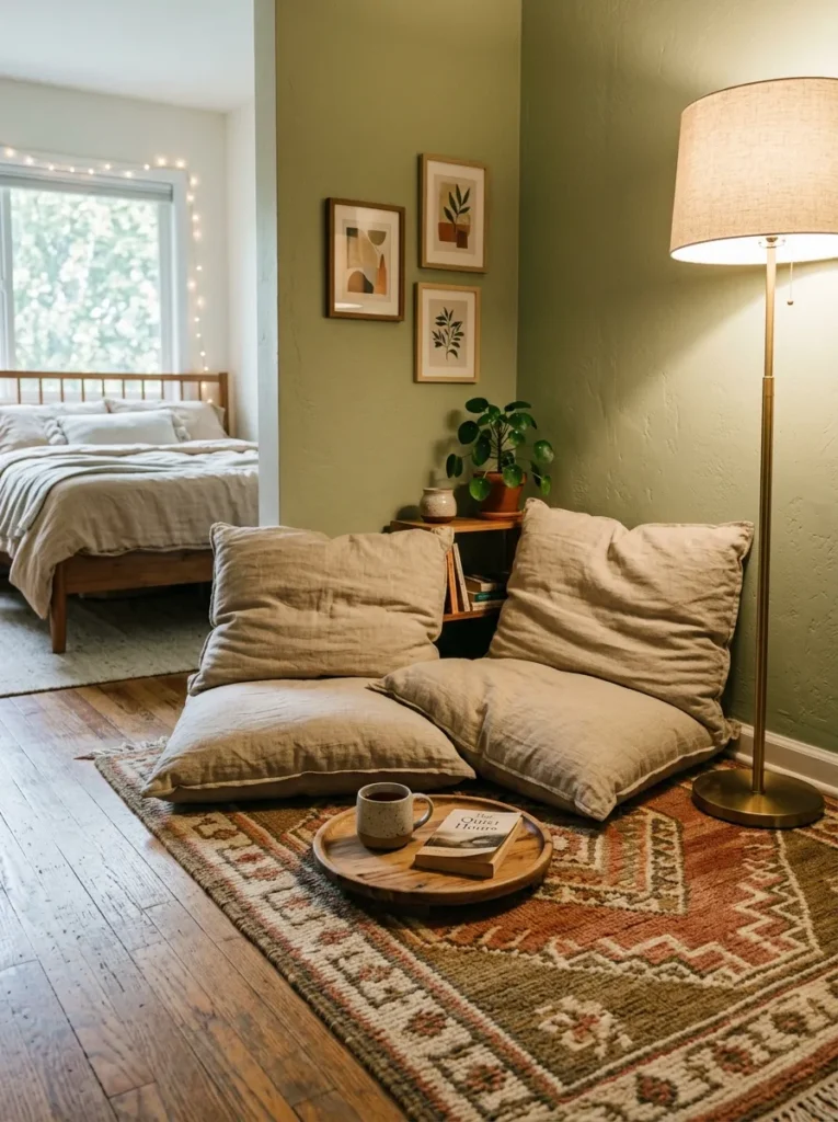 Teen bedroom hangout corner with two large linen floor cushions on a warm terracotta rug, a low wooden tray between them, and a warm floor lamp positioned behind
