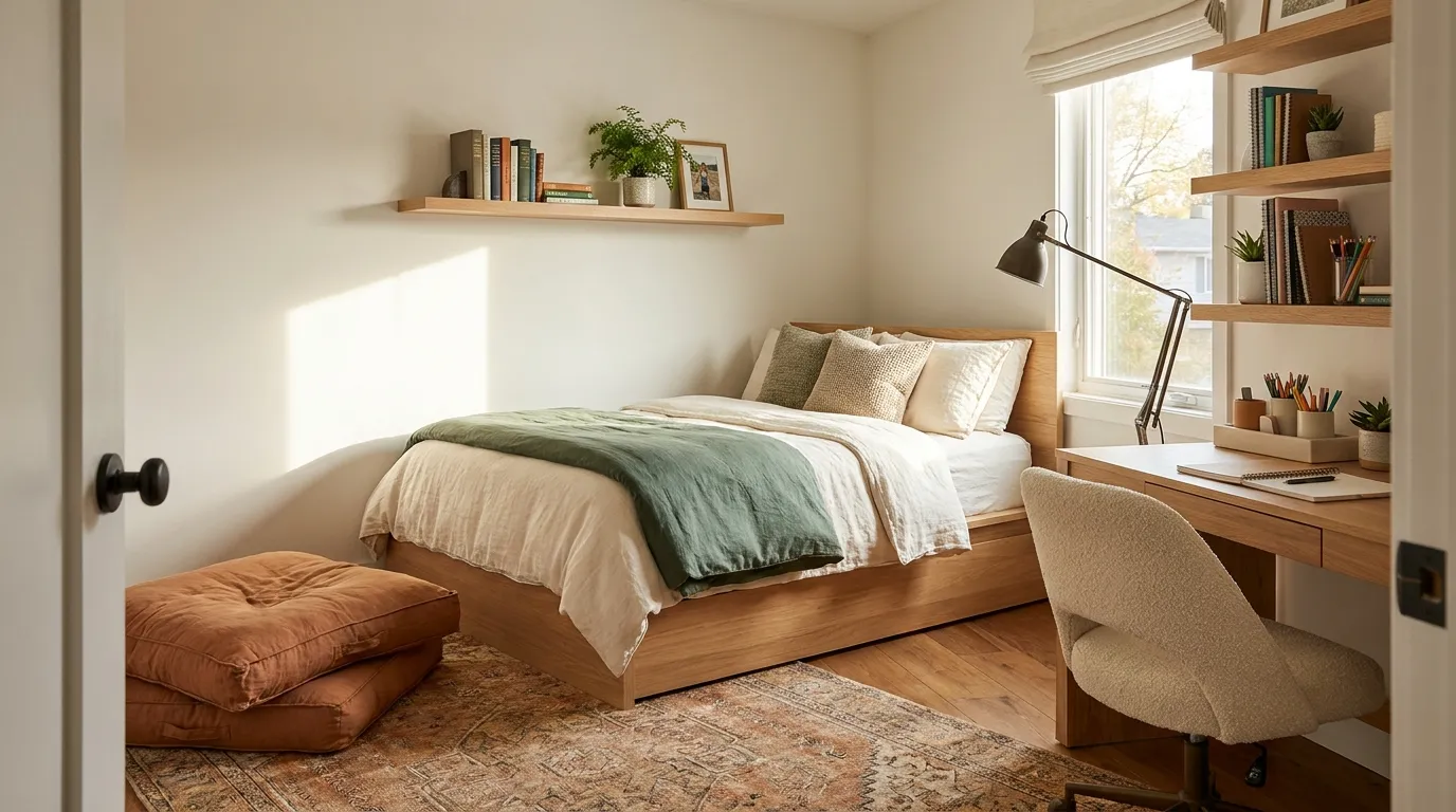 Teen bedroom with warm white walls, an oak platform bed with neutral and sage green bedding, a desk study zone near the window, and floor cushion hangout area