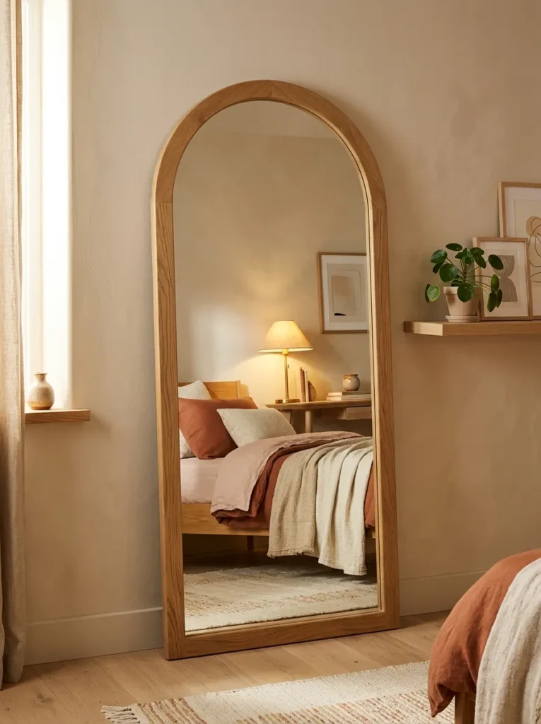 Large arched full-length mirror in a warm oak frame leaning against the wall adjacent to the window in a teen bedroom, reflecting the bed and warm lamp light
