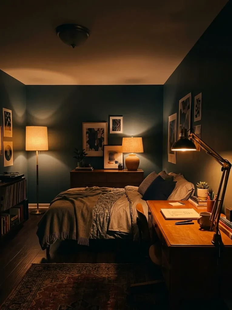 Teen bedroom at evening with three warm light sources visible at different heights — a desk lamp, a dresser lamp, and a corner floor lamp — with the overhead light off

