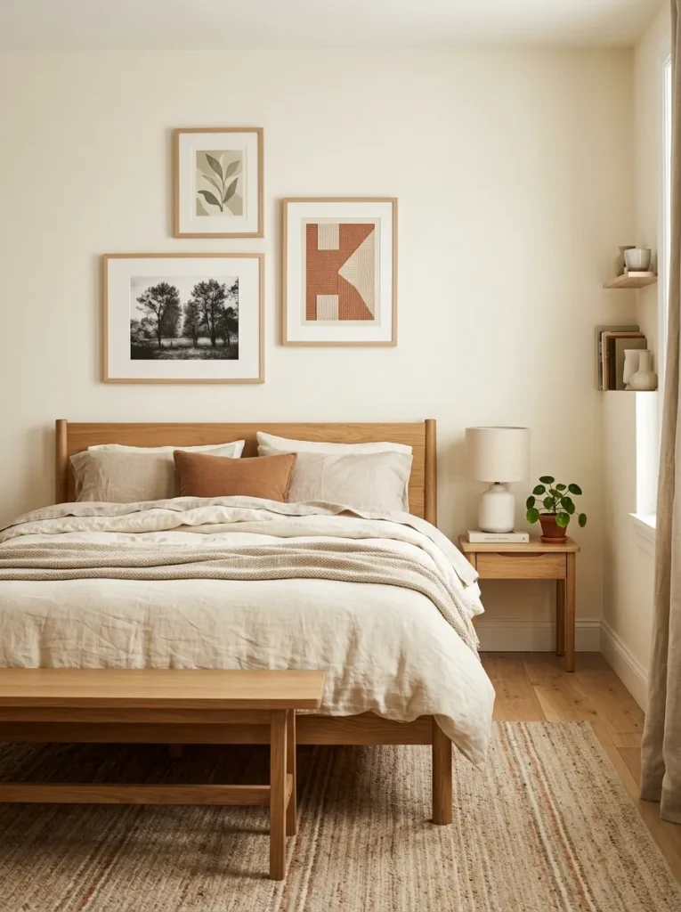 Teen bedroom with warm white walls and a natural oak bed frame as a neutral base, styled with linen bedding and three gallery prints that show how the neutral backdrop adapts to any aesthetic
