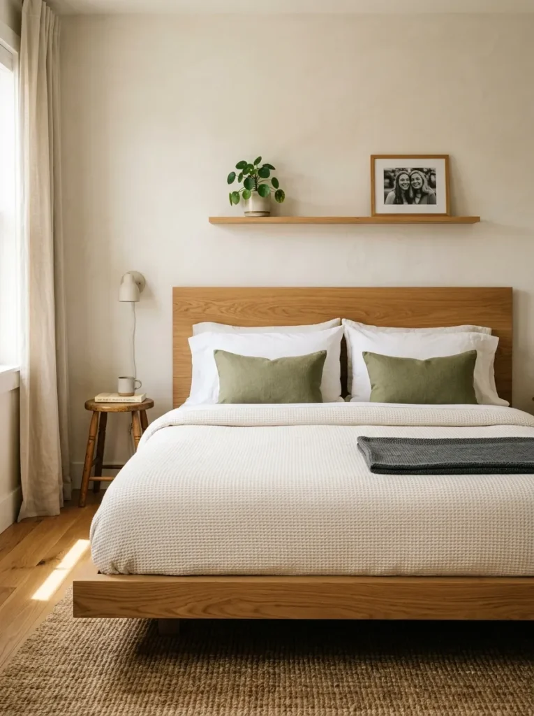 Low-profile oak platform bed with a slim flat headboard and layered ivory and sage green bedding, showing a timeless frame design that reads well from age 15 to 22
