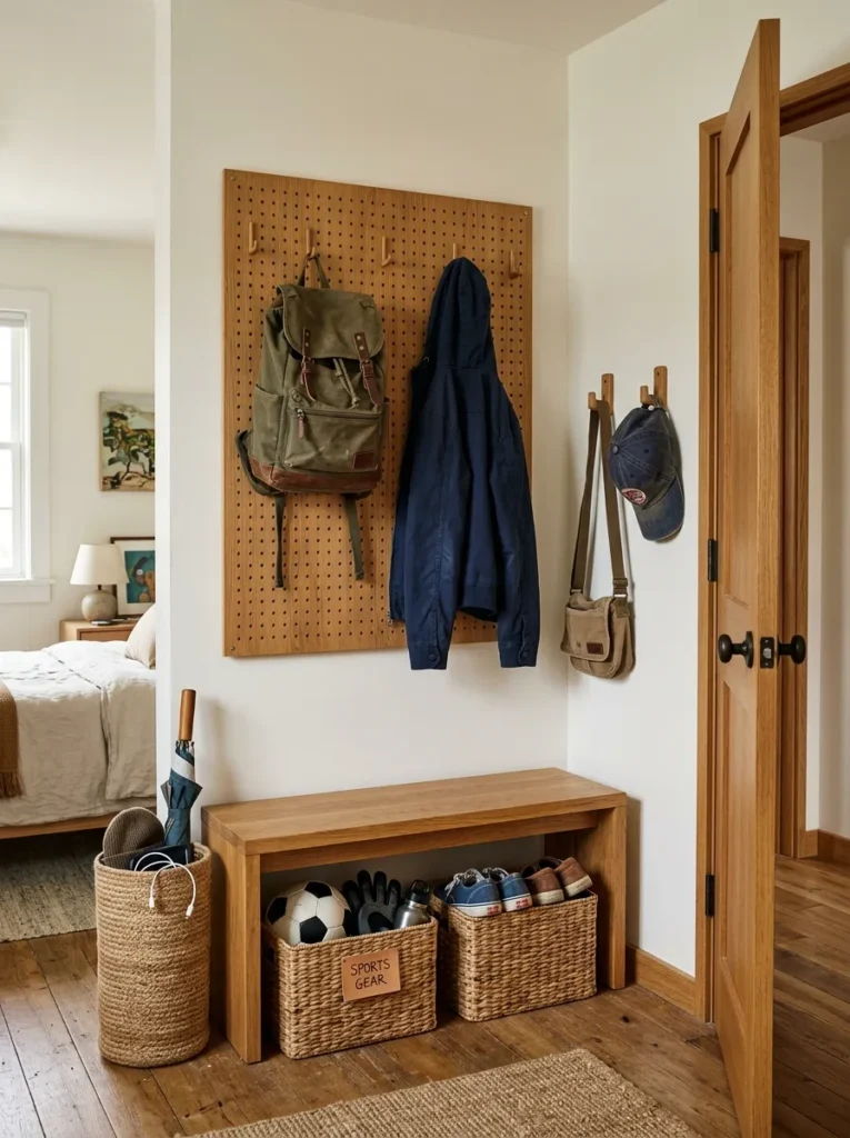 Teen bedroom entry corner with a pegboard for bags and jackets, a low bench with two storage baskets for shoes and sports gear, and hooks at door height
